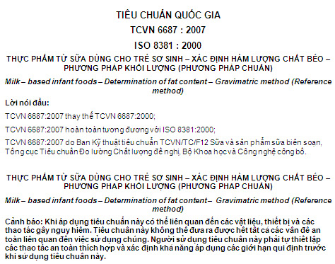 TCVN 6687-2007 - Thực Phẩm Từ Sữa Dành Cho Trẻ Sơ Sinh - Xác Định Hàm Lượng Chất Béo