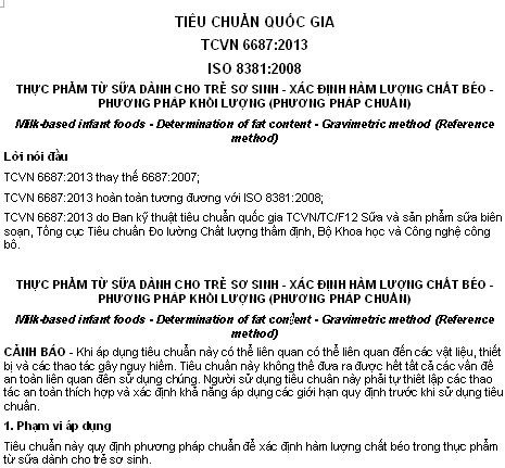 TCVN 6687-2013 - Thực Phẩm Từ Sữa Dành Cho Trẻ Sơ Sinh - Xác Định Hàm Lượng Chất Béo
