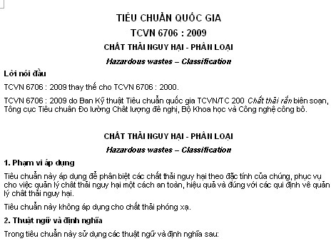 TCVN 6706-2009 - Chất Thải Nguy Hại - Phân Loại