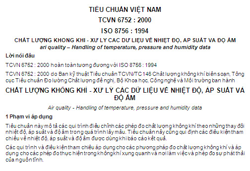 TCVN 6752-2000 - Chất Lượng Không Khí - Xử Lý Các Dữ Liệu Về Nhiệt Độ Áp Suất Và Độ Ẩm