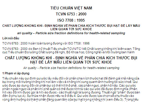 TCVN 6753-2000 - Chất Lượng Không Khí - Định Nghĩa Về Phân Chia Kích Thước Bụi Hạt Để Lấy Mẫu