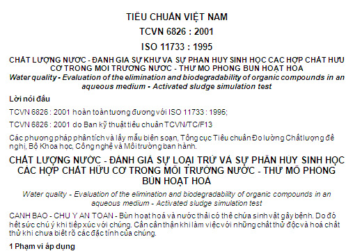 TCVN 6826-2001 - Chất Lượng Nước - Đánh Giá Sự Khử Và Sự Phân Huỷ Sinh Học Các Hợp Chất Hữu Cơ
