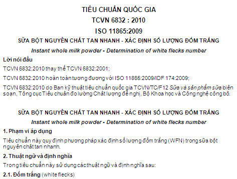 TCVN 6832-2010 - Sữa Bột Nguyên Chất Tan Nhanh - Xác Định Số Lượng Đốm Trắng
