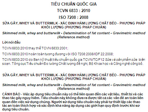 TCVN 6833-2010 - Sữa Gầy Whey Và Buttermilk - Xác Định Hàm Lượng Chất Béo - Phương Pháp Khối Lượng