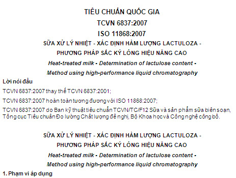 TCVN 6837-2007 - Sữa Xử Lý Nhiệt - Xác Định Hàm Lượng Lactuloza - Phương Pháp Sắc Ký Lỏng