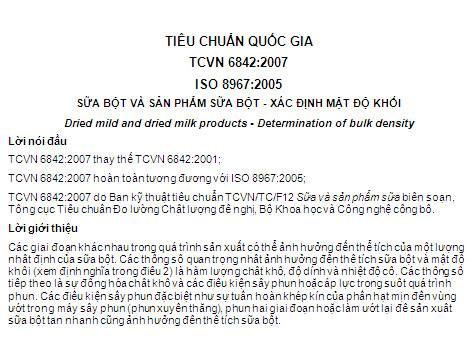 TCVN 6842-2007 - Sữa Bột Và Sản Phẩm Sữa Bột - Xác Định Mật Độ Khối