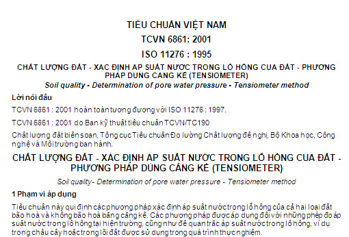 TCVN 6861-2001 - Chất Lượng Đất - Xác Định Áp Suất Nước Trong Lỗ Hổng Của Đất