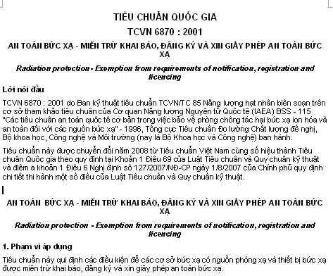 TCVN 6870-2001 - An Toàn Bức Xạ - Miễn Trừ Khai Báo Đăng Kí Và Xin Giấy Phép An Toàn Bức Xạ