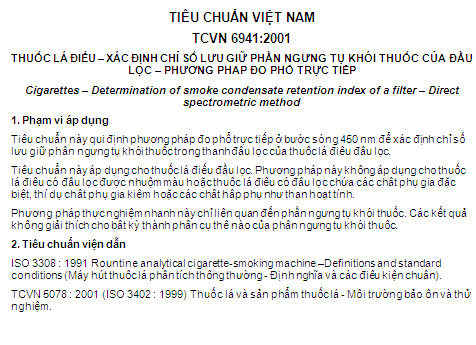 TCVN 6941-2001 - Thuốc Lá Điếu - Xác Định Chỉ Số Lưu Giữ Phần Ngưng Tụ Khói Thuốc Của Đầu Lọc