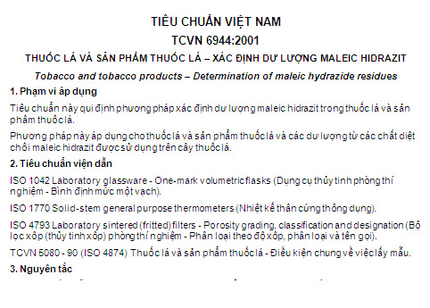 TCVN 6944-2001 - Thuốc Lá Và Sản Phẩm Thuốc Lá - Xác Định Dư Lượng MALEIC HIDRAZIT