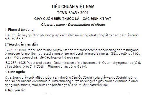 TCVN 6945-2001 - Giấy Cuốn Điếu Thuốc Lá - Xác Định Xitrat