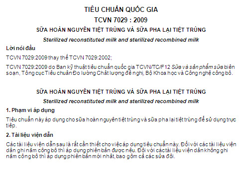 TCVN 7029-2009 - Sữa Hoàn Nguyên Tiệt Trùng Và Sữa Pha Lại Tiệt Trùng