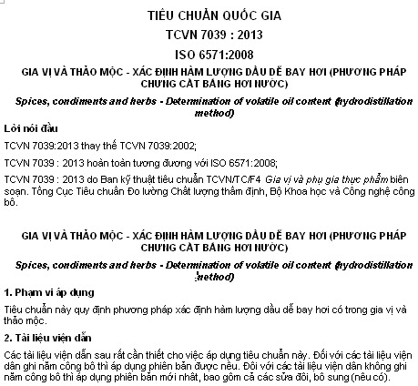 TCVN 7039-2013 - Gia Vị Và Thảo Mộc - Xác Định Hàm Lượng Dầu Dễ Bay Hơi