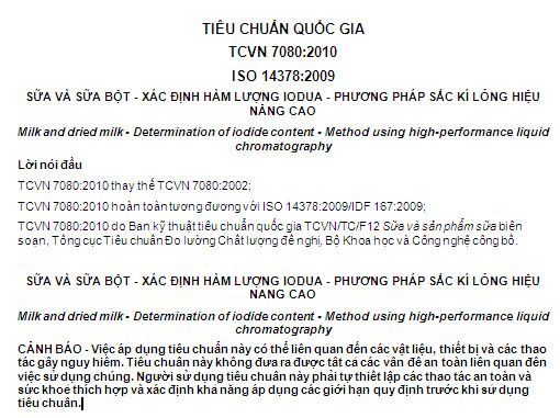 TCVN 7080-2010 - Sữa Và Sữa Bột - Xác Định Hàm Lượng Iodua - Phương Pháp Sắc Kí Lỏng Hiệu Năng Cao