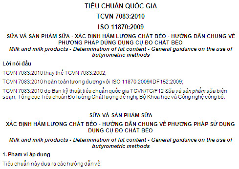 TCVN 7083-2010 - Sữa Và Sản Phẩm Sữa - Xác Định Hàm Lượng Chất Béo