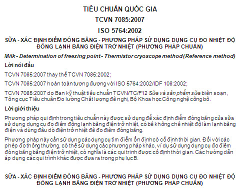 TCVN 7085-2007 - Sữa - Xác Định Điểm Đóng Băng - Phương Pháp Sử Dụng Dụng Cụ Đo Nhiệt Độ Đông Lạnh