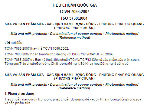 TCVN 7086-2007 - Sữa Và Sản Phẩm Sữa - Xác Định Hàm Lượng Đồng - Phương Pháp Đo Quang