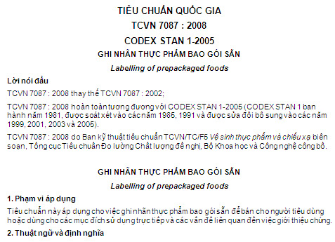 TCVN 7087-2008 - Ghi Nhãn Thực Phẩm Bao Gói Sẵn