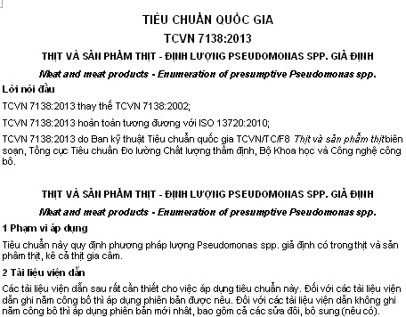 TCVN 7138-2013 - Thịt Và Sản Phẩm Thịt - Định Lượng Pseudomonas Spp. Giả Định