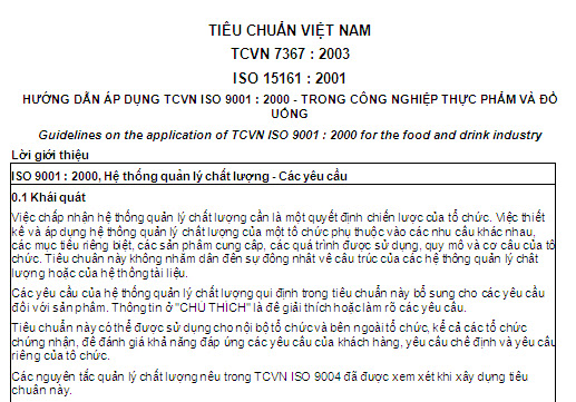 TCVN 7367-2003 - Hướng Dẫn Áp Dụng TCVN ISO 9001-2000 - Trong Công Nghiệp Thực Phẩm Và Đồ Uống