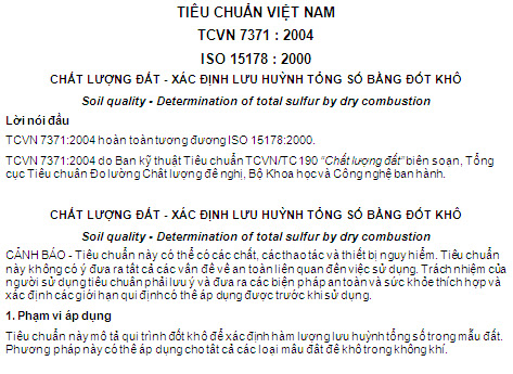 TCVN 7371-2004 - Chất Lượng Đất - Xác Định Lưu Huỳnh Tổng Số Bằng Đốt Khô