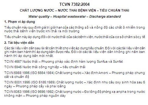 TCVN 7382-2004 - Chất Lượng Nước - Nước Thải Bệnh Viện - Tiêu Chuẩn Thải