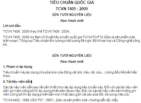 TCVN 7405-2009 - Sữa Tươi Nguyên Liệu