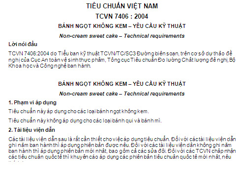 TCVN 7406-2004 - Bánh Ngọt Không Kem - Yêu Cầu Kỹ Thuật