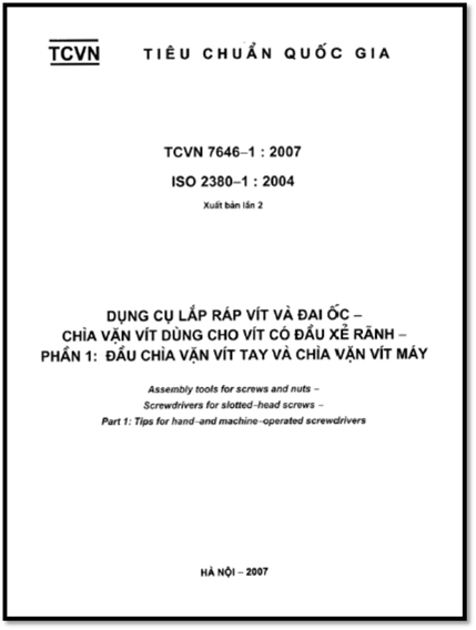 TCVN 7646-1-2007-ISO - Dụng Cụ Lắp Ráp Vít Và Đai Ốc - Chìa Vặn Vít Dùng Cho Vít Có Đầu Xẻ Rãnh