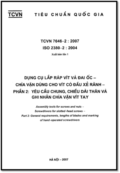 TCVN 7646-2-2007-ISO - Dụng Cụ Lắp Ráp Vít Và Đai Ốc - Chìa Vặn Vít Dùng Cho Vít Có Đầu Xẻ Rãnh
