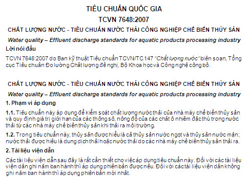 TCVN 7648-2007 - Chất Lượng Nước - Tiêu Chuẩn Nước Thải Công Nghiệp Chế Biến Thủy Sản