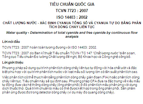 TCVN 7723-2007 - Chất Lượng Nước - Xác Định Cyanua Tổng Số Và Cyanua Tự Do Bằng Phân Tích Dòng Chảy