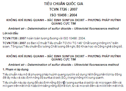 TCVN 7726-2007 - Không Khí Xung Quanh - Xác Định Sunfua Dioxit - Phương Pháp Huỳnh Quang Cực Tím
