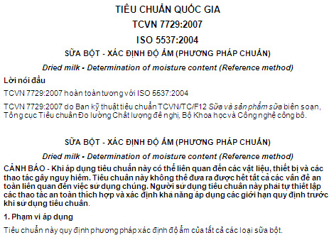TCVN 7729-2007 - Sữa Bột - Xác Định Độ Ẩm (Phương Pháp Chuẩn)