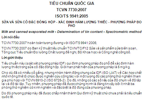 TCVN 7730-2007 - Sữa Và Sữa Cô Đặc Đóng Hộp - Xác Định Hàm Lượng Thiếc - Phương Pháp Đo Phổ