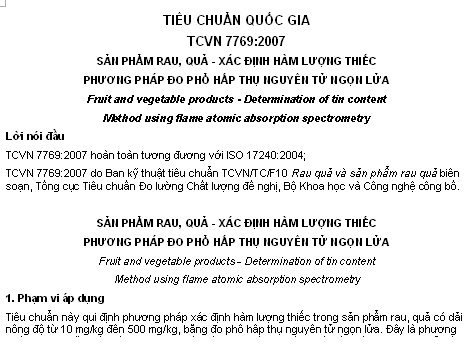 TCVN 7769-2007 - Sản Phẩm Rau Quả - Xác Định Hàm Lượng Thiếc Phương Pháp Đo Phổ Hấp Thụ Nguyên Tử