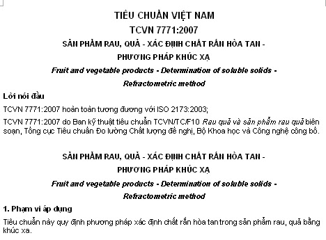 TCVN 7771-2007 - Sản Phẩm Rau Quả - Xác Định Chất Rắn Hòa Tan - Phương Pháp Khúc Xạ