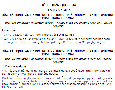 TCVN 7774-2007 - Sữa - Xác Định Hàm Lượng Protein - Phương Pháp Nhuộm Đen Amido
