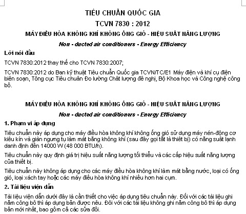 TCVN 7830-2012 - Máy Điều Hòa Không Khí Không Ống Gió - Hiệu Suất Năng Lượng
