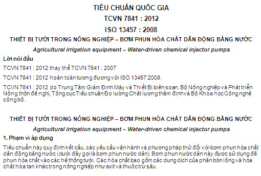 TCVN 7841-2012 - Thiết Bị Tưới Trong Nông Nghiệp - Bơm Phun Hóa Chất Dẫn Động Bằng Nước