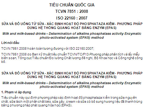 TCVN 7851-2008 - Sữa Và Đồ Uống Từ Sữa - Xác Định Hoạt Độ Phosphataza Kiềm