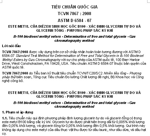 TCVN 7867-2008 - Este Metyl Của Diêzen Sinh Học Gốc B100 - Xác Định Glycerin Tự Do Và Glycerin Tổng