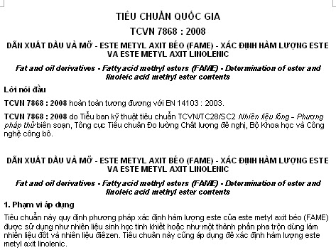 TCVN 7868-2008 - Dẫn Xuất Dầu Và Mỡ - Este Metyl Axit Béo (Fame) - Xác Định Hàm Lượng Este