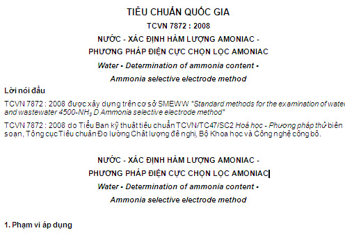 TCVN 7872-2008 - Nước - Xác Định Hàm Lượng Amoniac - Phương Pháp Điện Cực Chọn Lọc Amoniac