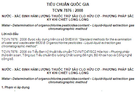 TCVN 7876-2008 - Nước - Xác Định Hàm Lượng Thuốc Trừ Sâu Clo Hữu Cơ - Phương Pháp Sắc Ký