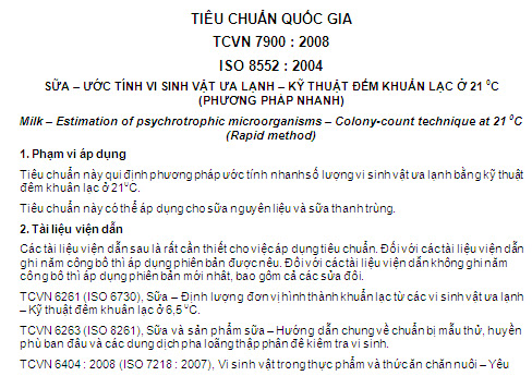 TCVN 7900-2008 - Sữa - Ước Tính Vi Sinh Vật Ưa Lạnh - Kỹ Thuật Đếm Khuẩn Lạc Ở 21 Độ C