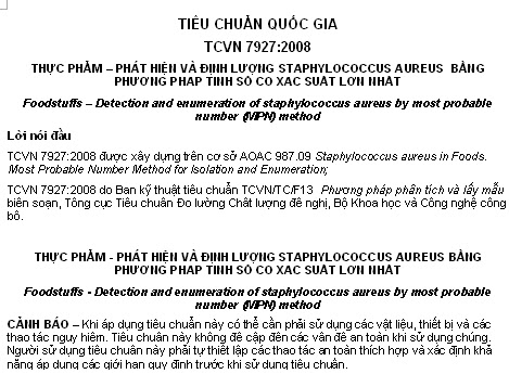 TCVN 7927-2008 - Thực Phẩm - Phát Hiện Và Định Lượng Staphylococcus Aureus