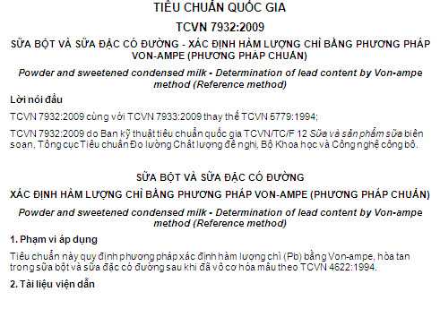 TCVN 7932-2009 - Sữa Bột Và Sữa Đặc Có Đường - Xác Định Hàm Lượng Chì Bằng Phương Pháp Von-Ampe