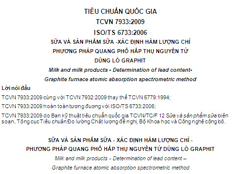TCVN 7933-2009 - Sữa Và Sản Phẩm Sữa - Xác Định Hàm Lượng Chì Phương Pháp Quang Phổ Hấp Thụ