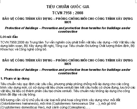 TCVN 7958-2008 - Bảo Vệ Công Trình Xây Dựng - Phòng Chống Mối Cho Công Trình Xây Dựng Mới